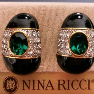 Vintage Nina Ricci Green Crystal with Black Enamel Clip On Earrings
